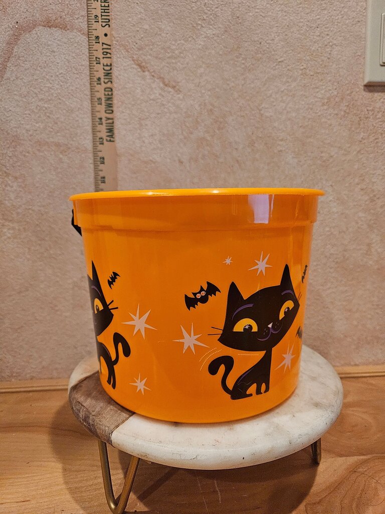 Plastic Halloween Trick or Treat Orange Pail Bucket Black Cat