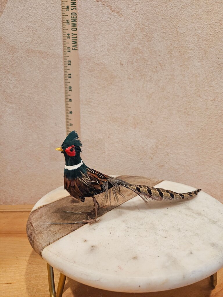 Decorative Vintage Styled pheasant made w real feathers tree ornament, vignette Table display Bird Figure Ralph Lauren Decor
