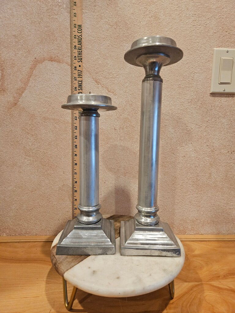 Vintage Rustic, Tall Pewter /Galvanized Metal Candlestick Holder Set w Square Base, Pillar Candle Farmhouse tableware