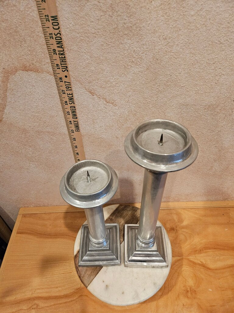 Vintage Rustic, Tall Pewter /Galvanized Metal Candlestick Holder Set w Square Base, Pillar Candle Farmhouse tableware