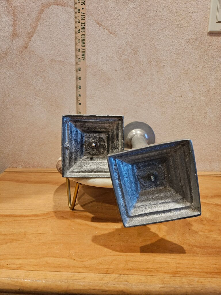 Vintage Rustic, Tall Pewter /Galvanized Metal Candlestick Holder Set w Square Base, Pillar Candle Farmhouse tableware