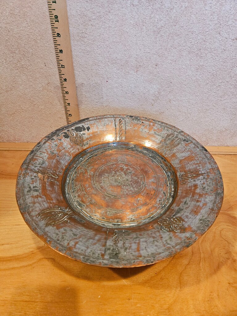 Unique Vintage / Antique Armenian Copper Plate bowl Hand Hammered Middle Eastern Turkish cloche base, vignette table setup, Serving and display tray, barware organizer Unique Home Decor