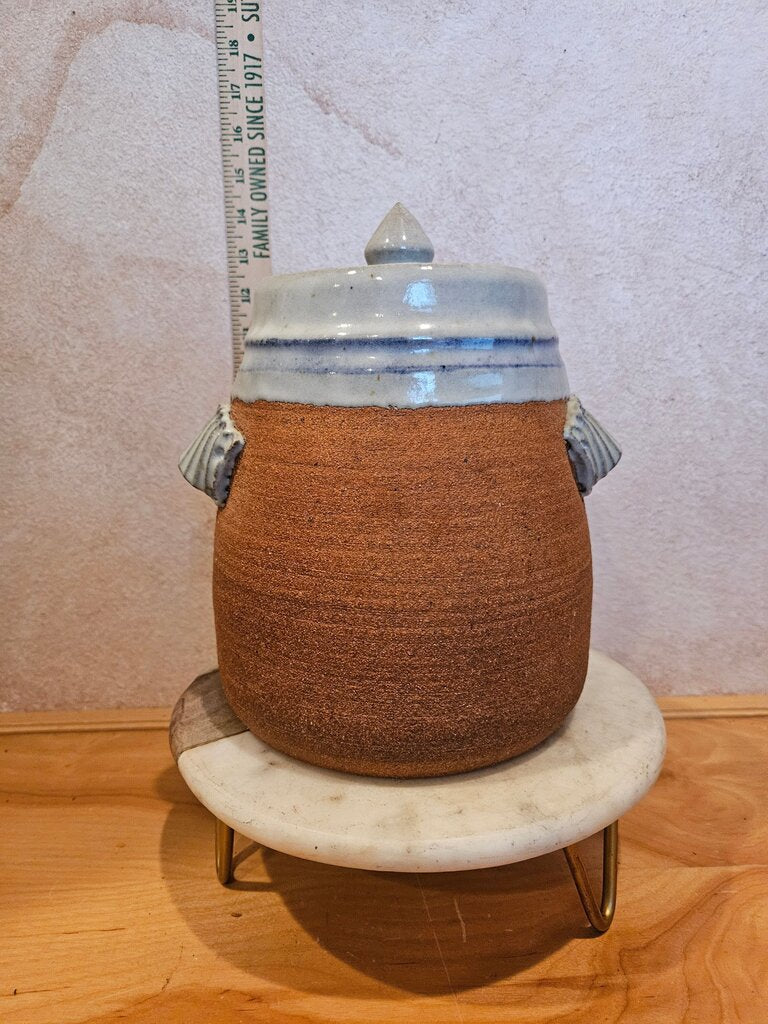 Vintage LG Signed Stoneware As Is Chip Lidded Crock/Jar Handmade German Inspired Pot w Lid, carry handles, counter display organizer