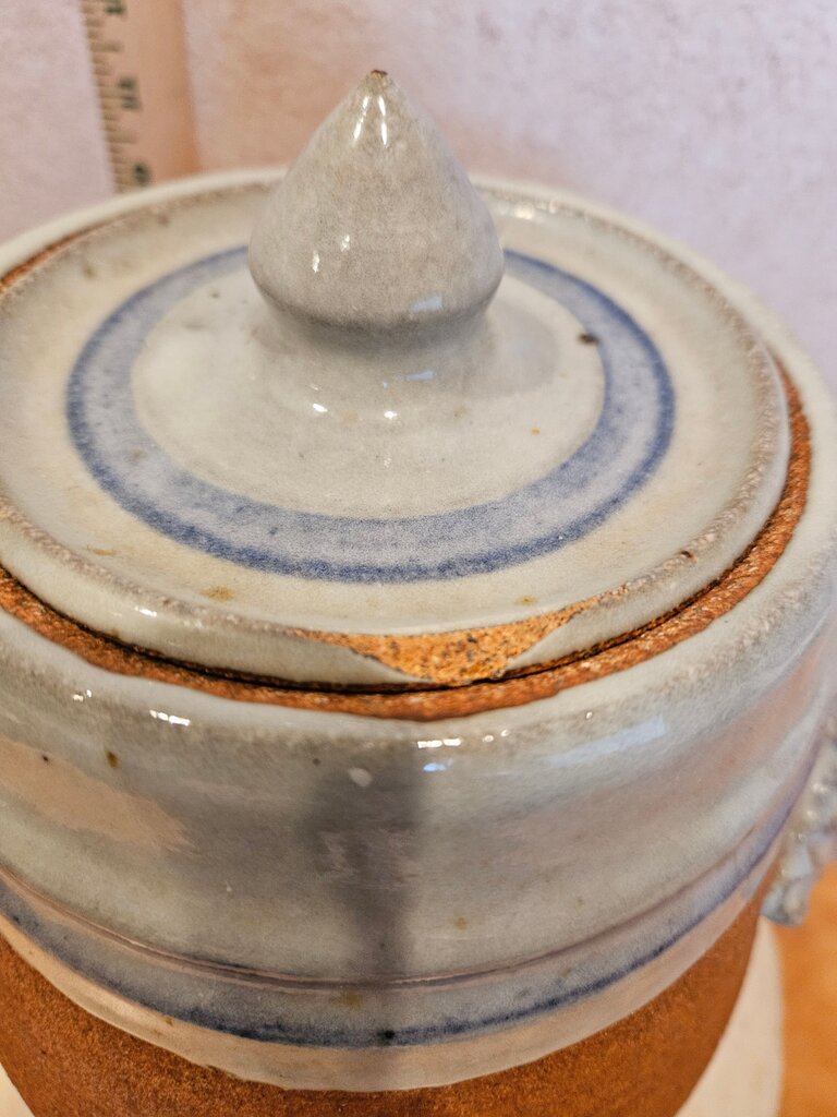 Vintage LG Signed Stoneware As Is Chip Lidded Crock/Jar Handmade German Inspired Pot w Lid, carry handles, counter display organizer