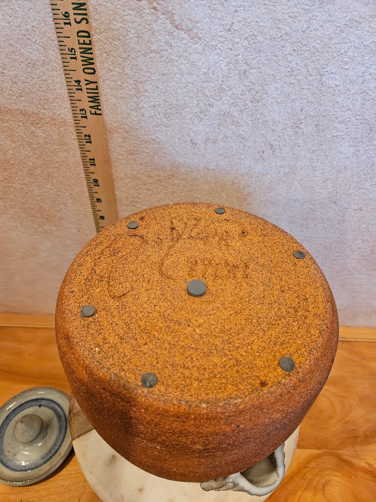 Vintage LG Signed Stoneware As Is Chip Lidded Crock/Jar Handmade German Inspired Pot w Lid, carry handles, counter display organizer
