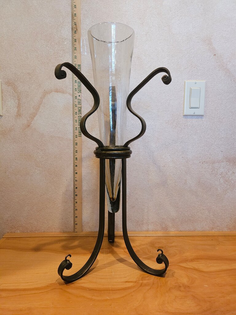 Elegant Vintage floating conical glass vase in an iron metal base w hanging hooks Display ornaments, crystals, ribbons etc