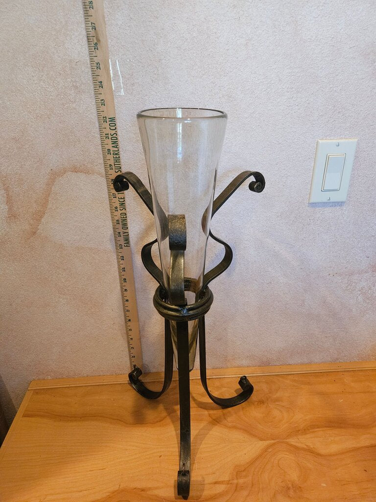 Elegant Vintage floating conical glass vase in an iron metal base w hanging hooks Display ornaments, crystals, ribbons etc