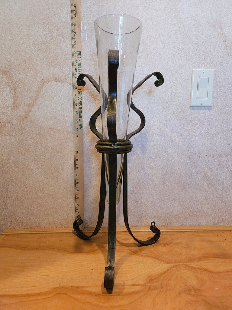 Elegant Vintage floating conical glass vase in an iron metal base w hanging hooks Display ornaments, crystals, ribbons etc