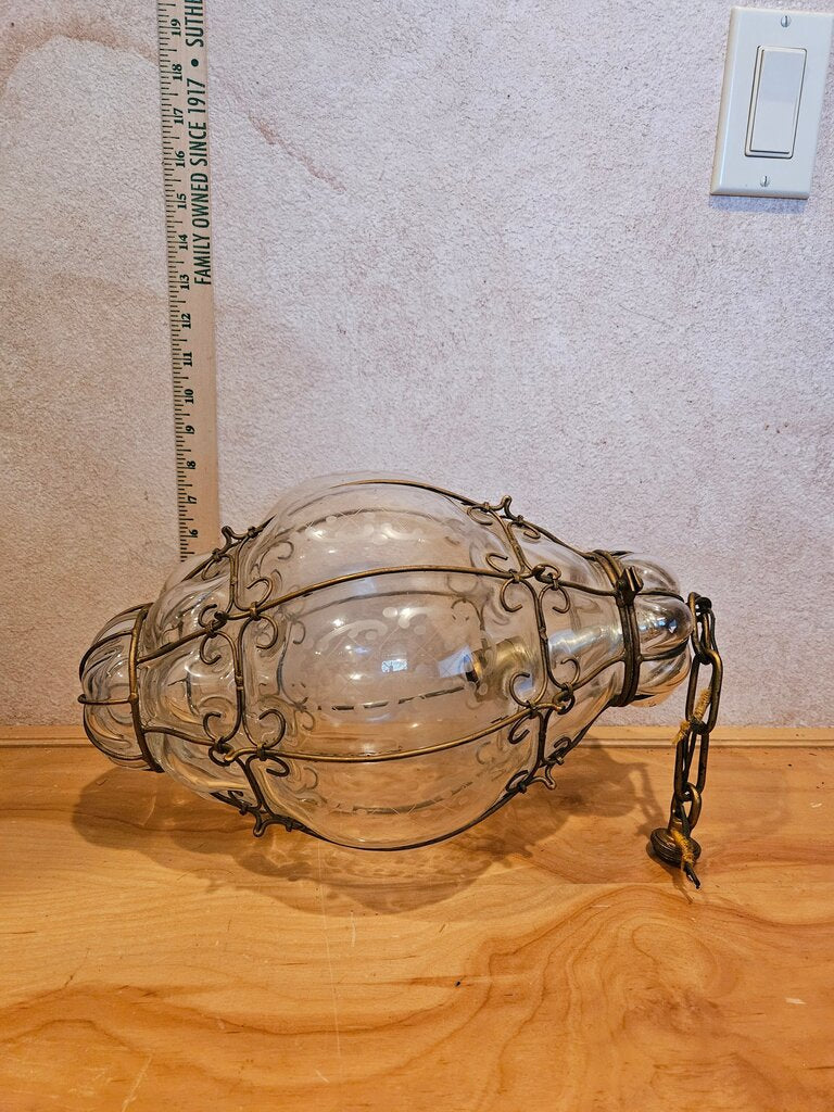 Large MCM Magnificent Murano blown glass caged lantern gold cage seguso chandelier pendant light Hollywood Regency Lighting