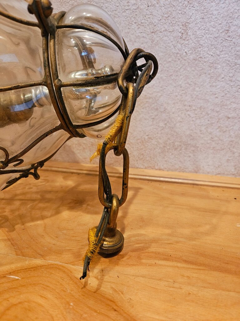 Large MCM Magnificent Murano blown glass caged lantern gold cage seguso chandelier pendant light Hollywood Regency Lighting