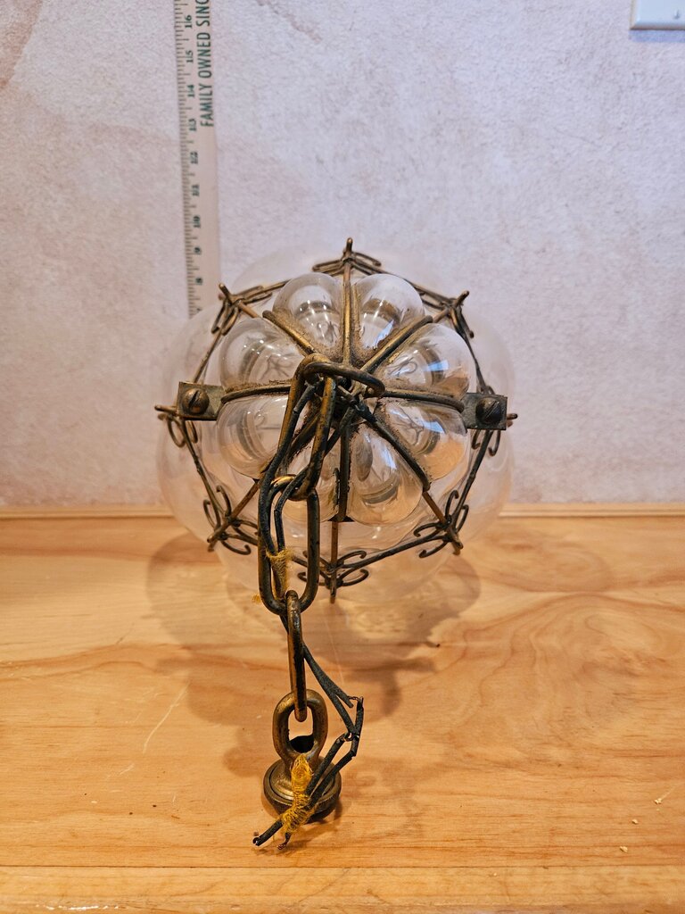 Large MCM Magnificent Murano blown glass caged lantern gold cage seguso chandelier pendant light Hollywood Regency Lighting