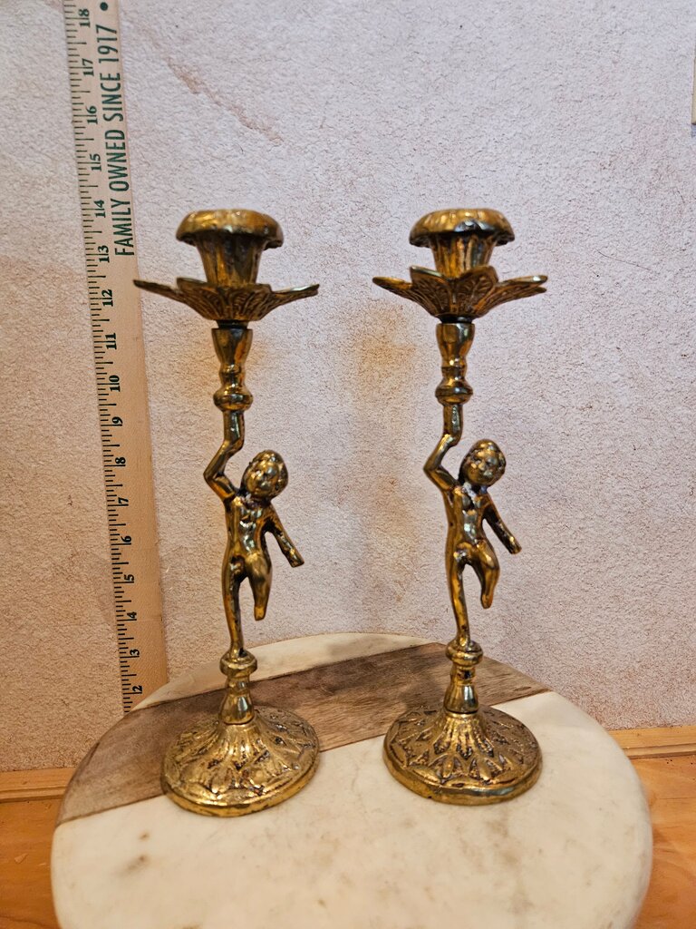 Vintage Pair of Brass/Bronze Antique Bronze Art Nuevo MYTHOLOGY BOY OR CHERUB Hollywood Regency MCM Candleholders Child Figurines