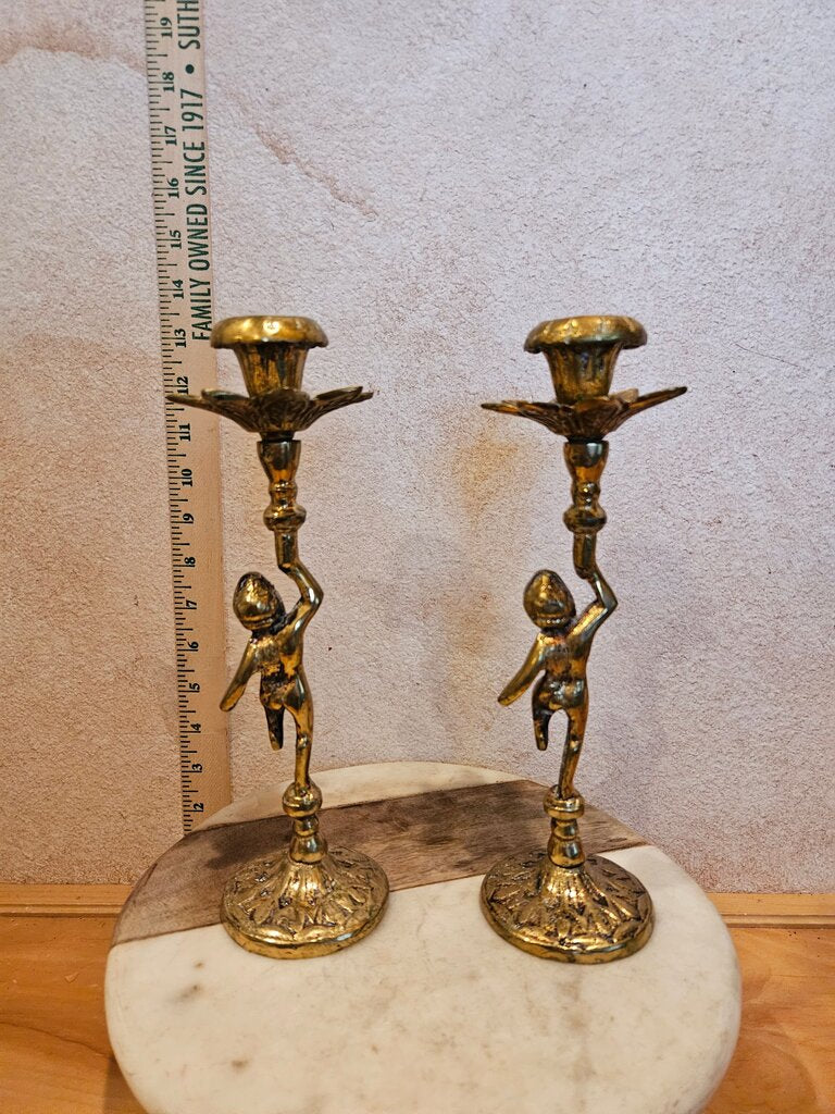 Vintage Pair of Brass/Bronze Antique Bronze Art Nuevo MYTHOLOGY BOY OR CHERUB Hollywood Regency MCM Candleholders Child Figurines