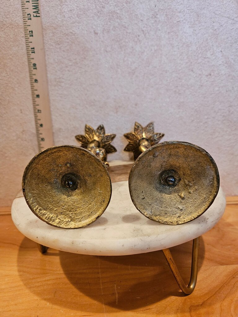 Vintage Pair of Brass/Bronze Antique Bronze Art Nuevo MYTHOLOGY BOY OR CHERUB Hollywood Regency MCM Candleholders Child Figurines