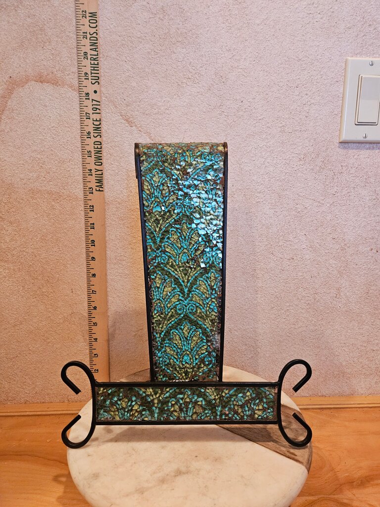 Unique hard to find Decorative Crushed Glass & Iron Type Metal & Mosaic Tiffany Style book stand, Letter Holder, book display, cookbook riser