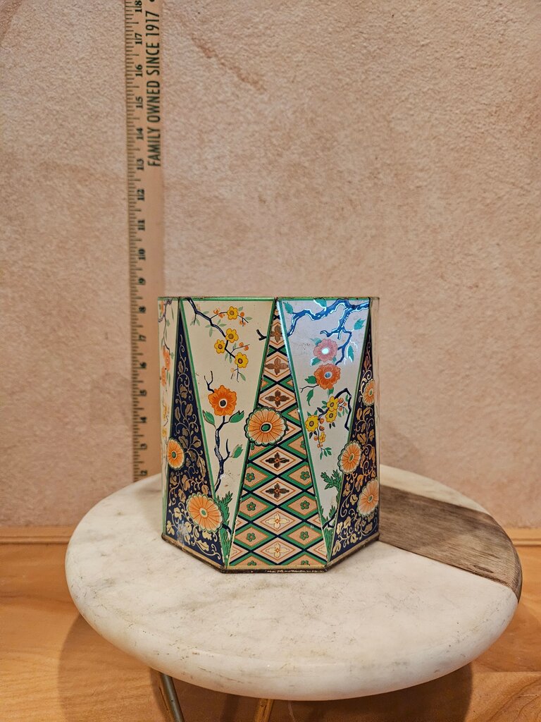 Colorful Vintage Octagonal Biscuit Tea Tin Made in Holland Flower Motif Canister Storage 1950s no lid