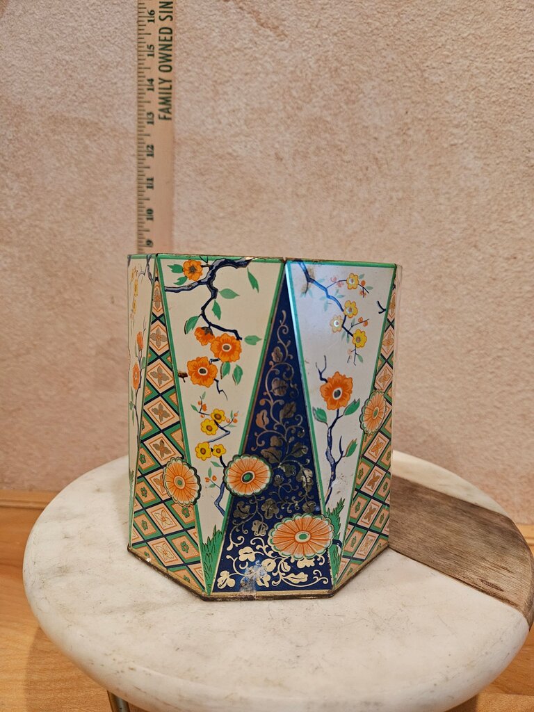 Colorful Vintage Octagonal Biscuit Tea Tin Made in Holland Flower Motif Canister Storage 1950s no lid