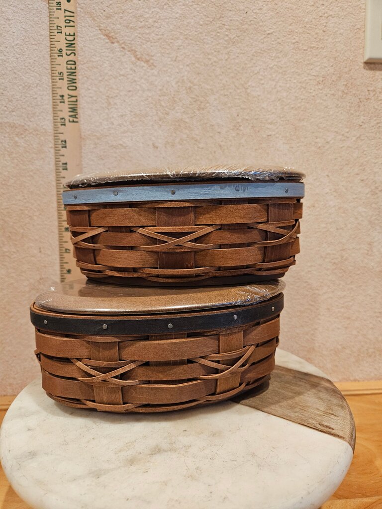 Longaberger Fall Kickoff Football basket in Rich brown with Wood Crafts lid NEW one light blue trimmed