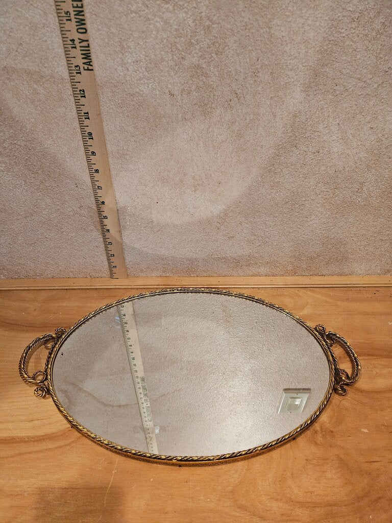 Vintage MCM Oval Chrome & Brass Gilt Handled Mirror Vanity bathroom Tray Hollywood Regency Cosmetic Perfume Holder Art Deco Glam Barware Vintage