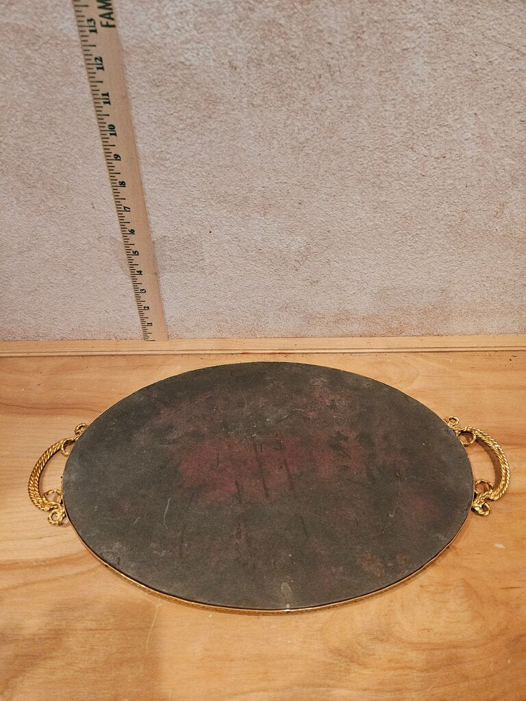 Vintage MCM Oval Chrome & Brass Gilt Handled Mirror Vanity bathroom Tray Hollywood Regency Cosmetic Perfume Holder Art Deco Glam Barware Vintage