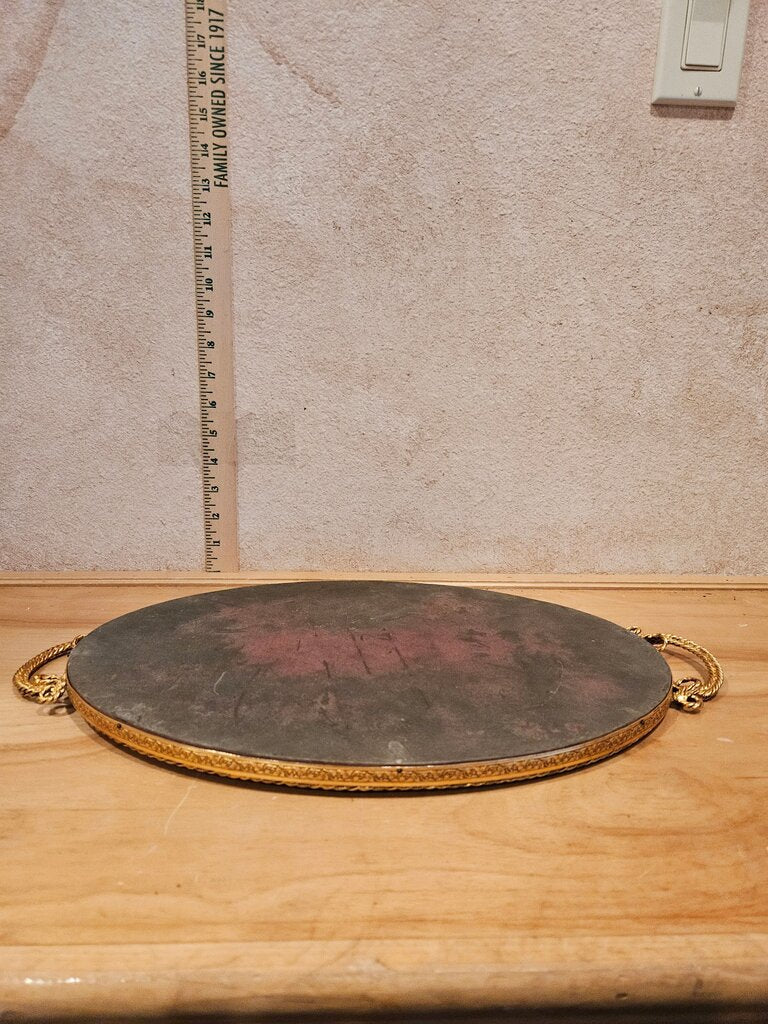 Vintage MCM Oval Chrome & Brass Gilt Handled Mirror Vanity bathroom Tray Hollywood Regency Cosmetic Perfume Holder Art Deco Glam Barware Vintage