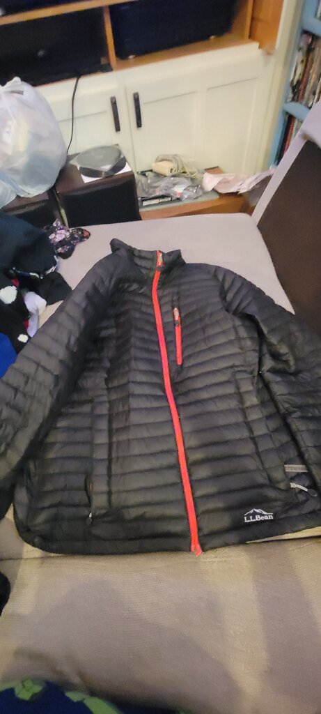 LL Bean Men's Black Puffer Jacket with Red Accents