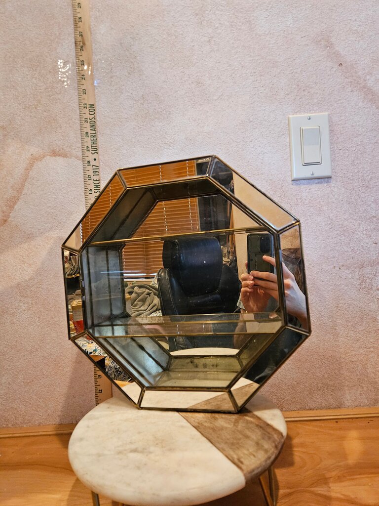 Vintage RARE Unique MCM Brass, Glass, Mirrored Octagon Mirrored Curio Cabinet Shadowbox Wall Hanging Miniature Hollywood Regency, Art Deco Display