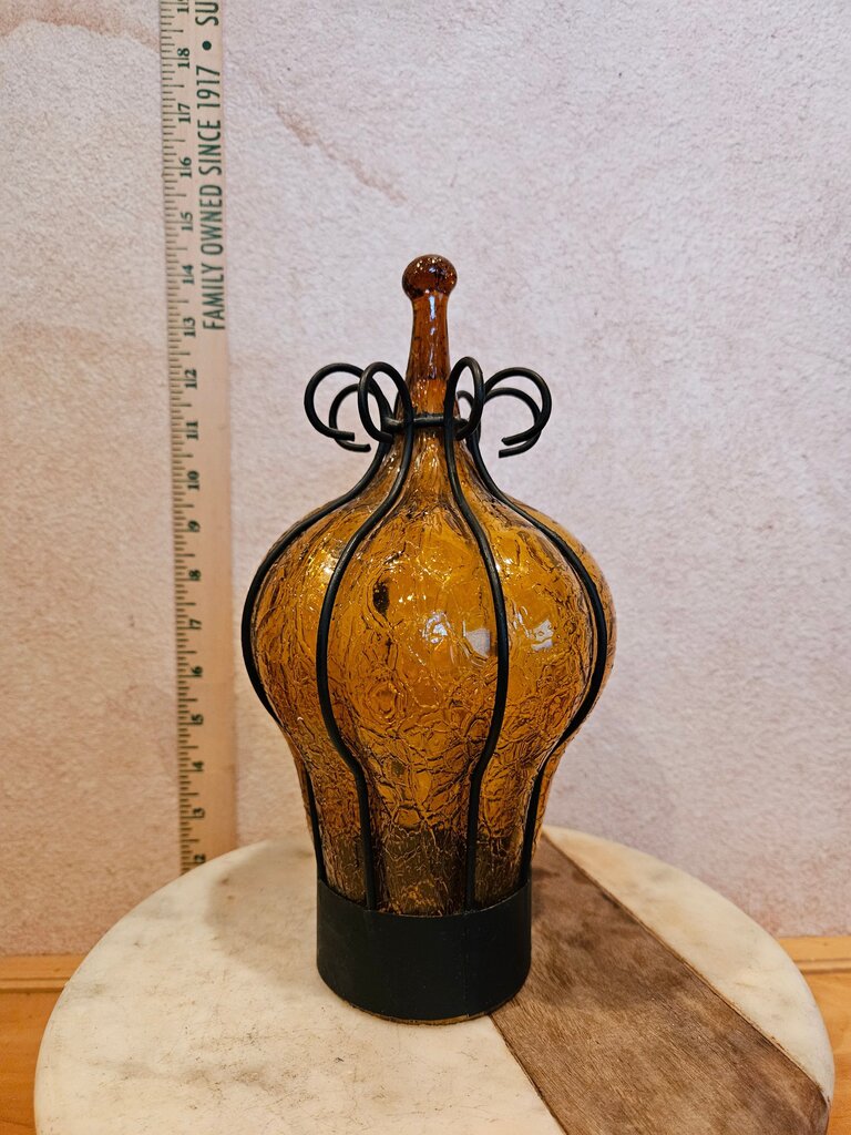 Amber Caged Crinkle Crackle Blown Glass & Iron Hurricane Wall Sconce Shade Cover w scroll design work