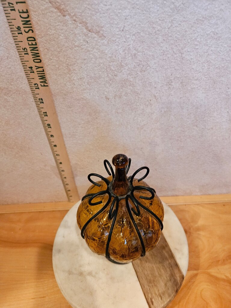 Amber Caged Crinkle Crackle Blown Glass & Iron Hurricane Wall Sconce Shade Cover w scroll design work