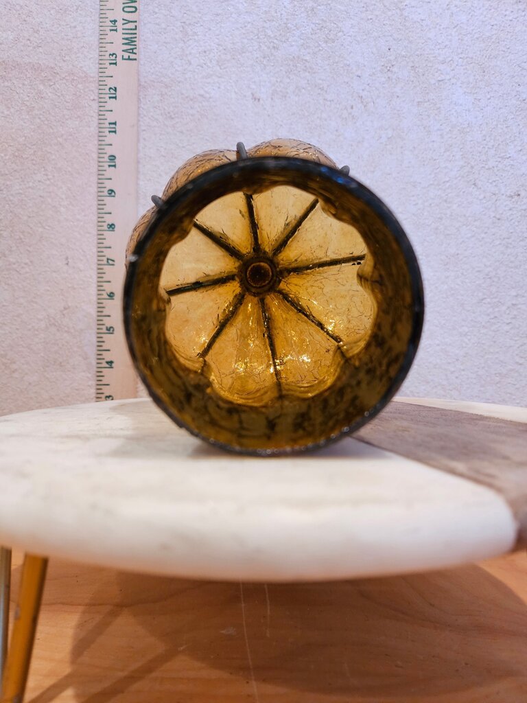Amber Caged Crinkle Crackle Blown Glass & Iron Hurricane Wall Sconce Shade Cover w scroll design work
