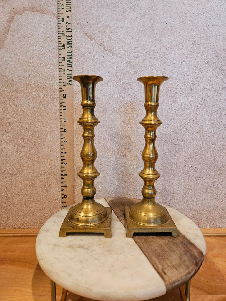 Vintage Tall Pillar Ornate Brass Table Top Candlestick Pair Victorian Traditional