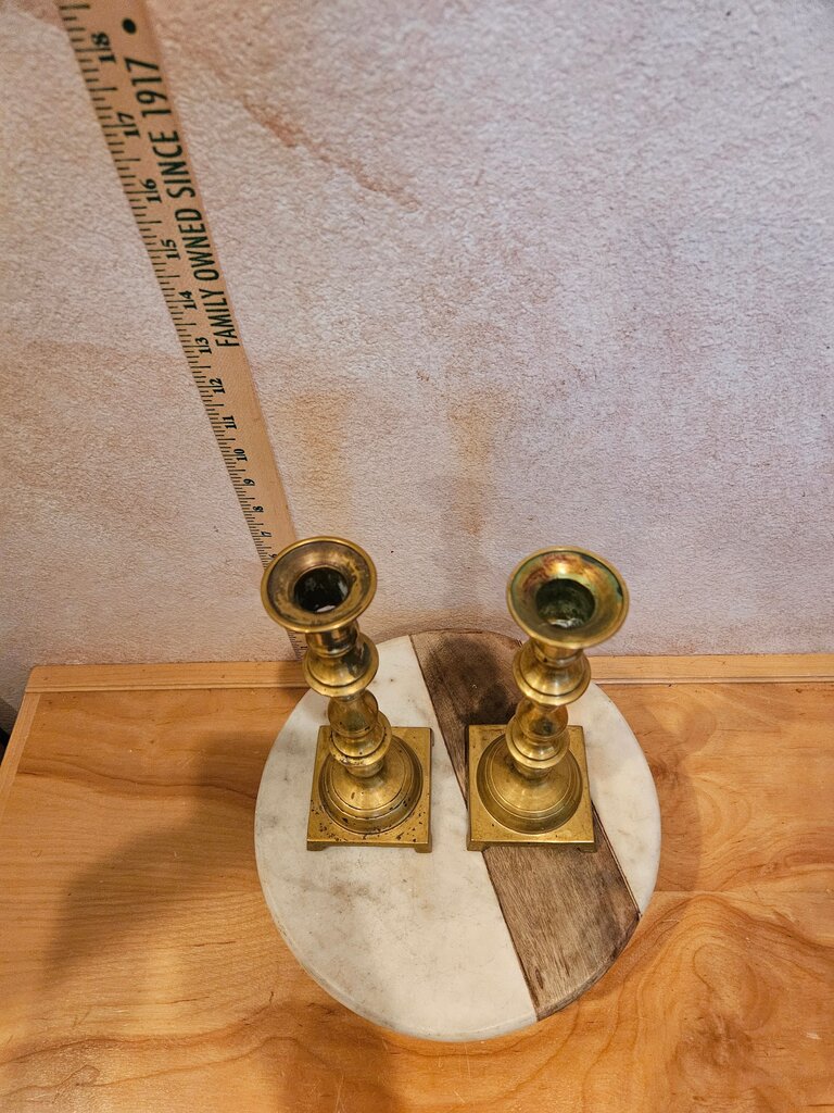 Vintage Tall Pillar Ornate Brass Table Top Candlestick Pair Victorian Traditional