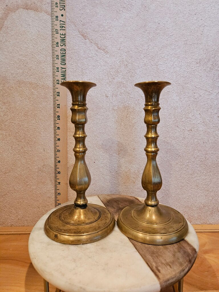 Pair of Vintage Solid Brass Large Heavy Beveled Candlestick Holders Candle Holders W Round Bases