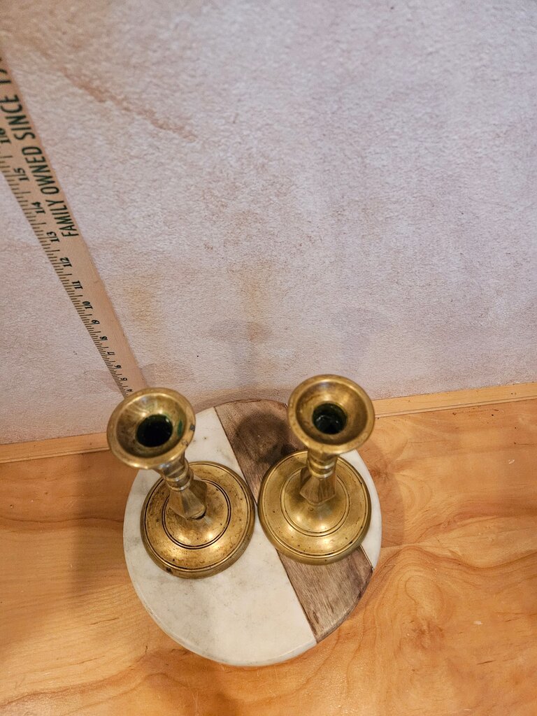 Pair of Vintage Solid Brass Large Heavy Beveled Candlestick Holders Candle Holders W Round Bases