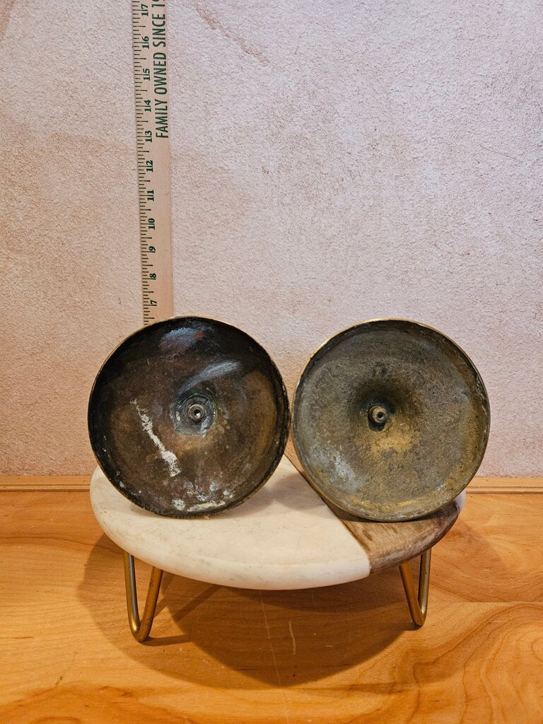 Pair of Vintage Solid Brass Large Heavy Beveled Candlestick Holders Candle Holders W Round Bases