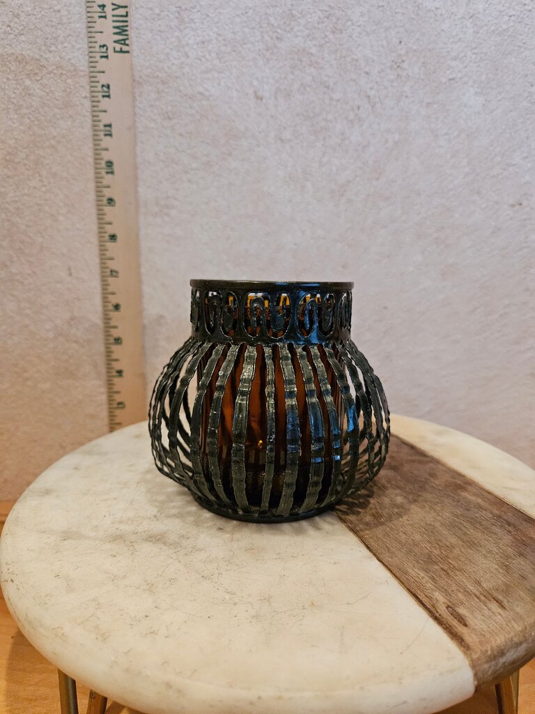 Crimped Caged Black metal MCM candle holders table lanters w Amber glass inserts