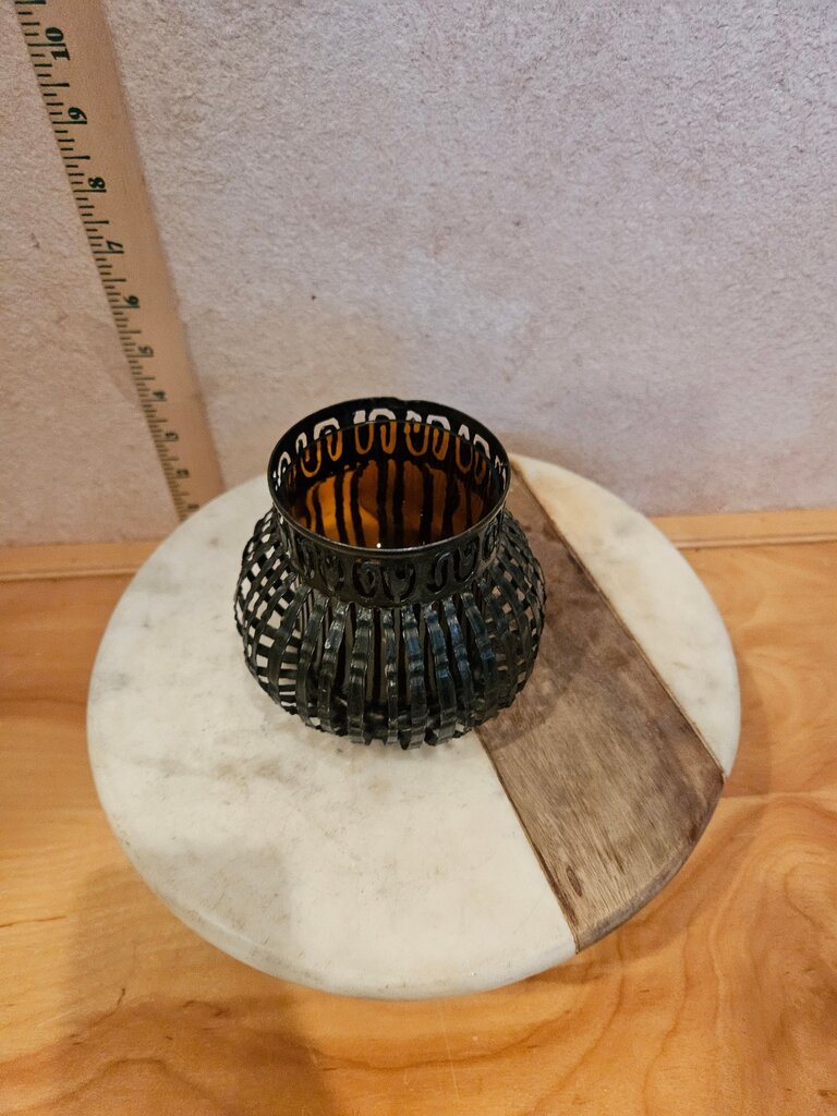 Crimped Caged Black metal MCM candle holders table lanters w Amber glass inserts