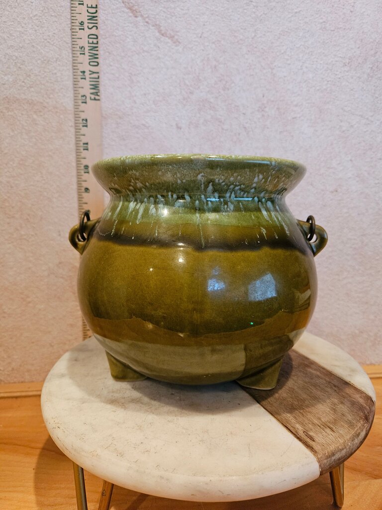 Vintage Hull Pottery Brown Bean Pot W Rare Green Drip Glaze Kettle Cauldron Farmhouse Country