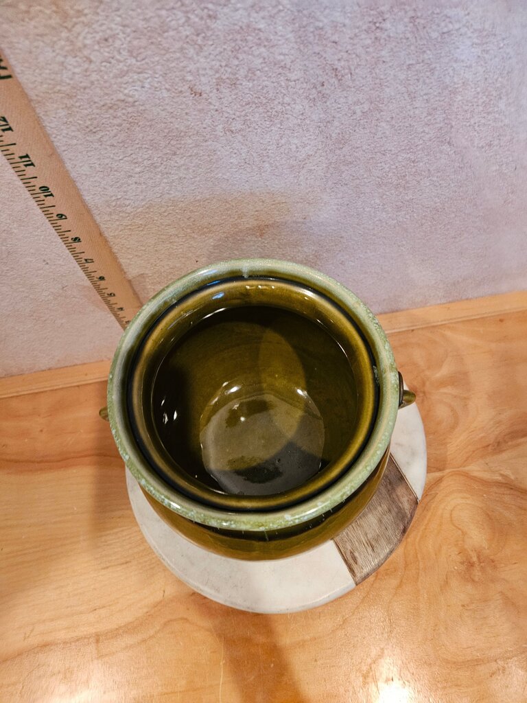 Vintage Hull Pottery Brown Bean Pot W Rare Green Drip Glaze Kettle Cauldron Farmhouse Country