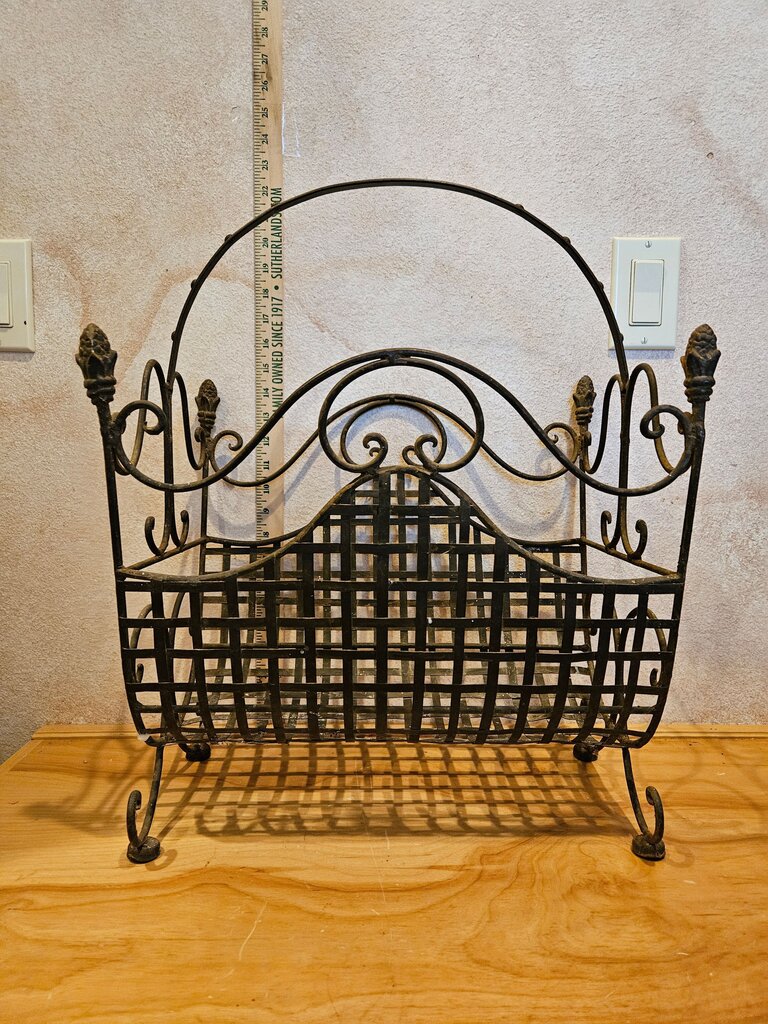 Vintage Footed Wrought Iron Magazine Rack, French Country Firewood Holder Hollywood Regency towel holder table display