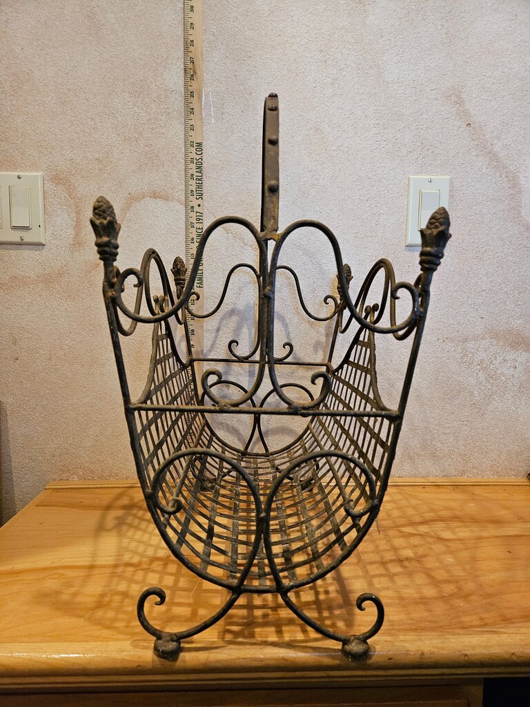 Vintage Footed Wrought Iron Magazine Rack, French Country Firewood Holder Hollywood Regency towel holder table display