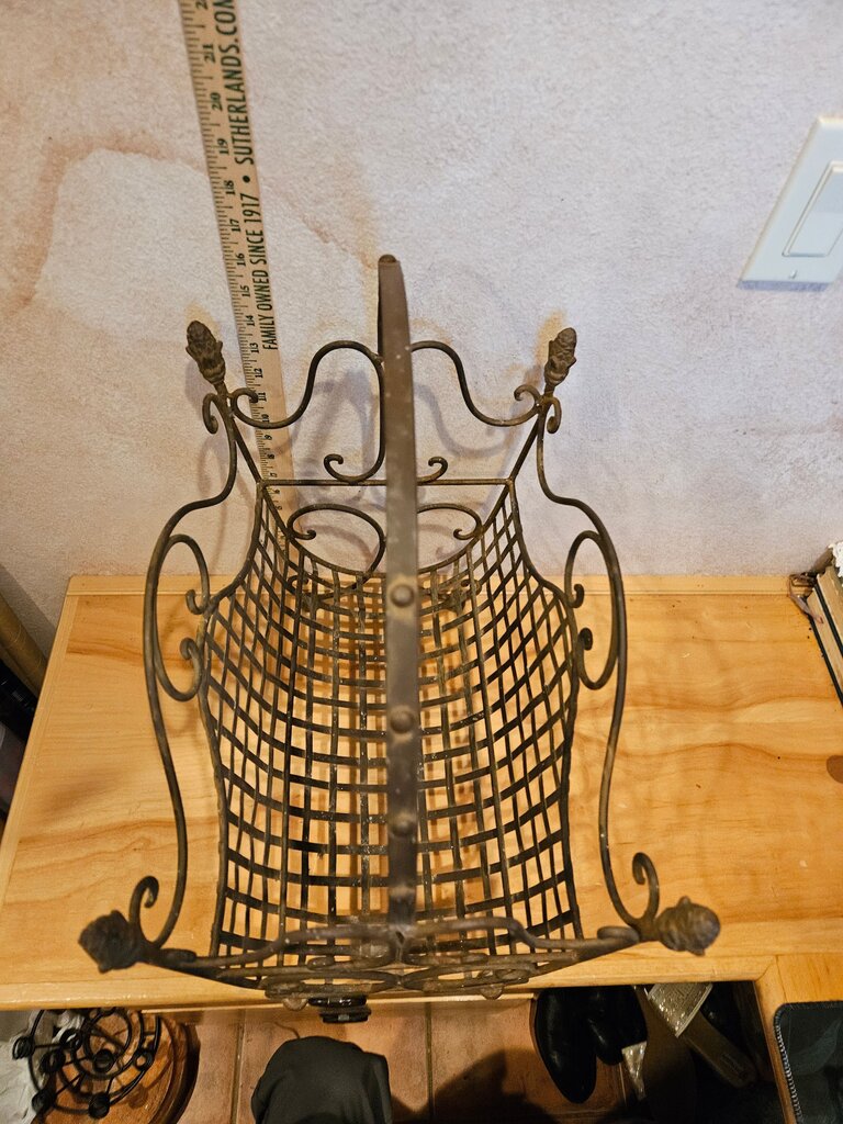 Vintage Footed Wrought Iron Magazine Rack, French Country Firewood Holder Hollywood Regency towel holder table display
