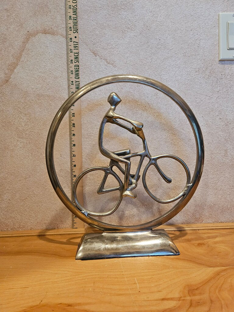 Man in Circle Bicycle Sculpture, Metal Figurine cyclist Sculpture Decorative Figurine