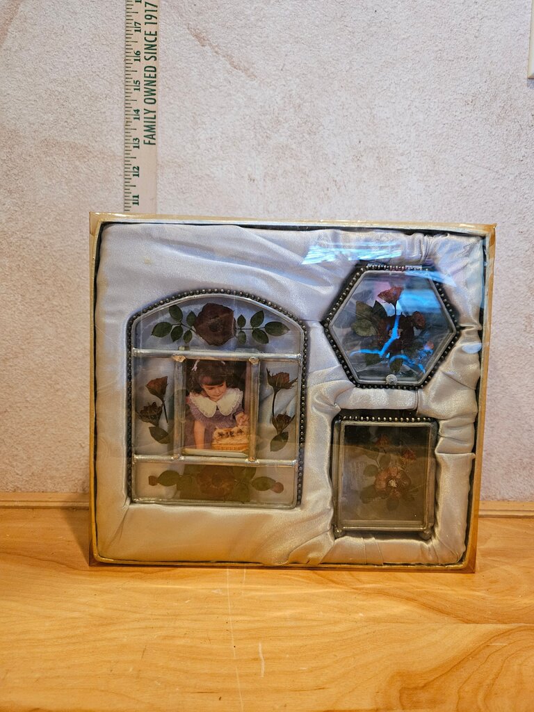 NIB Vintage Etched Glass Pressed Dried Flowers Mirrored Trinket Box, Matching Votive, & Frame
