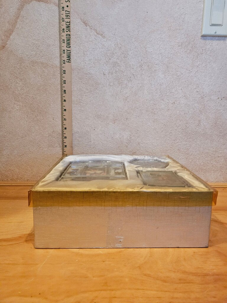 NIB Vintage Etched Glass Pressed Dried Flowers Mirrored Trinket Box, Matching Votive, & Frame