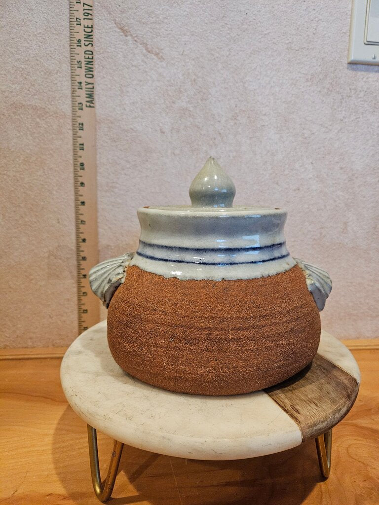 Vintage Signed Stoneware Lidded Crock/Jar Handmade German Inspired Pot w Lid, carry handles, counter display organizer