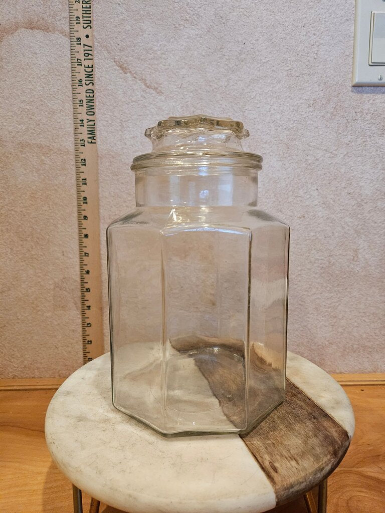 Vintage Anchor Hocking Large Octagon Glass Jar w Lid, pantry organizer, shell collection table top display, Terrarium
