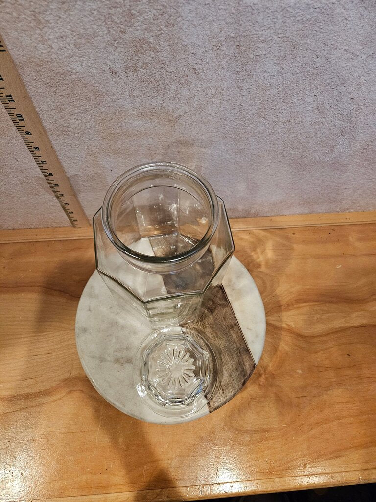 Vintage Anchor Hocking Large Octagon Glass Jar w Lid, pantry organizer, shell collection table top display, Terrarium