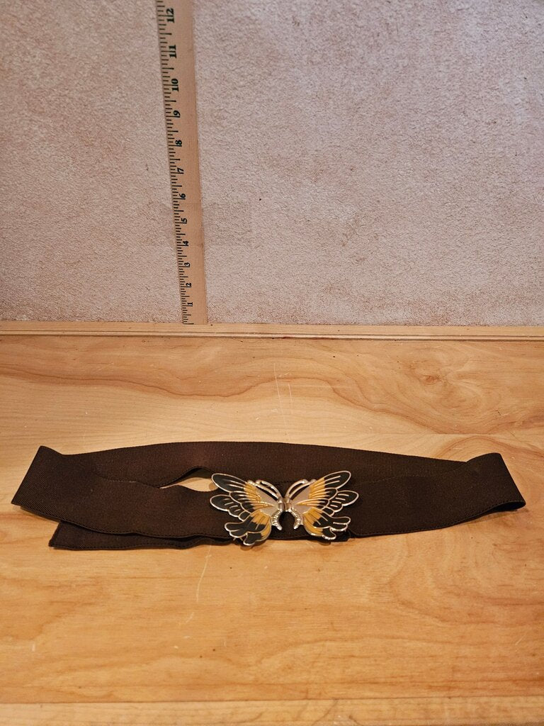 Brown Elastic Belt with Butterfly Brooch