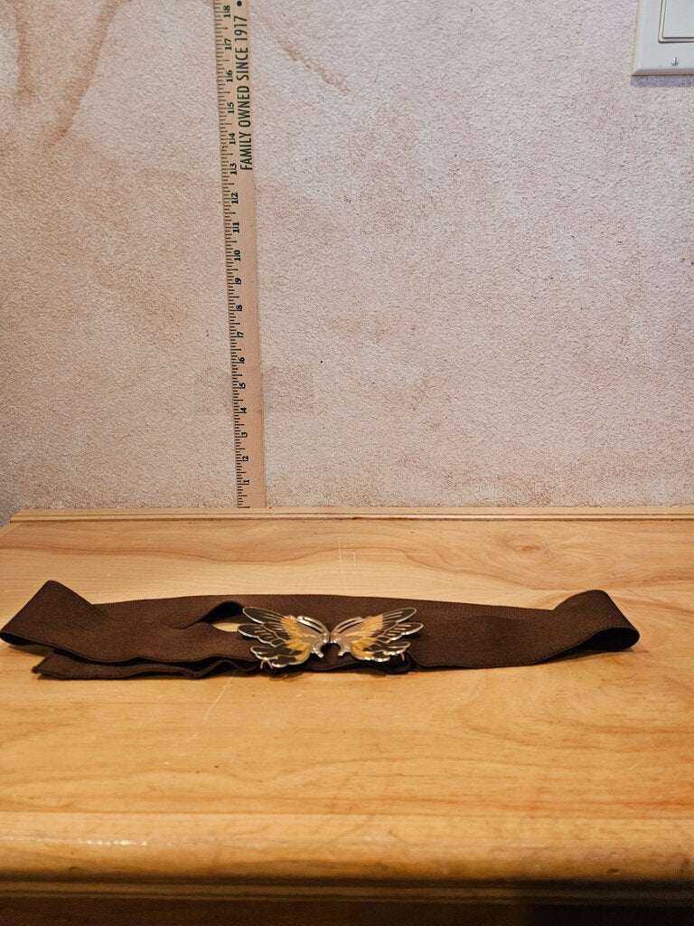 Brown Elastic Belt with Butterfly Brooch